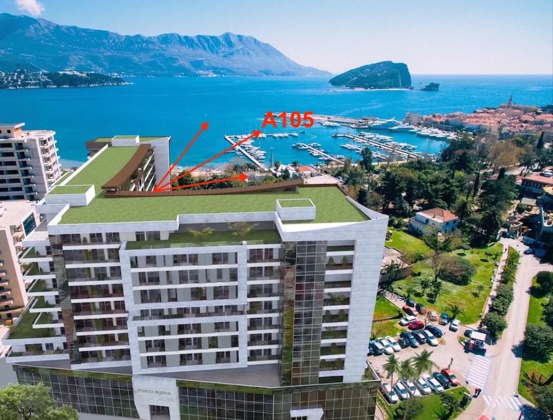 <p>The Complex has an area of 45,000 m2, is the largest building in Budva and is located in the very center of the city on the 1st line.</p><p>Within the complex there is a spacious, luxurious shopping center of 8,000 m2 which represents the lobby of the facility, the largest Spa & Wellness center in Montenegro with an area of 3,500 m2, with open and closed swimming pools and all accompanying facilities, a casino on two floors with an area of 2,300 m2 and a residential area with 300 luxury apartments that will be rented within the 5-star hotel.</p><p>The apartment located on the 3rd floor, area 52.75 m2 + 50 m2 terrace<strong> (total 102.75 m2)</strong> with central sea view! The apartment is located on the floor of the Spa and Wellness Center. Each apartment of this type consists of two connected studio apartments with two entrances, two bathrooms, two sleeping areas and two terraces with a central view of the sea. The 50m2 terrace can also be divided into two separate terraces of 25m2 each, and a 2×2 Jacuzzi pool can be placed on each terrace.</p><p>Expected daily rental income for apartment A105 – 35,000 Euros per year (minimum 100 nights)</p><p><strong>Rooms:</strong></p><ul><li>Suspended ceilings</li><li>Lighting</li><li>Wallpaper</li><li>Underfloor heating</li><li>First class oak parquet</li></ul><p><strong>Bathroom:</strong></p><ul><li>Sanitary ware: Villeroy&Boch (shower cabin or bathtub)</li><li>Marble</li><li>Natural granite of the company 